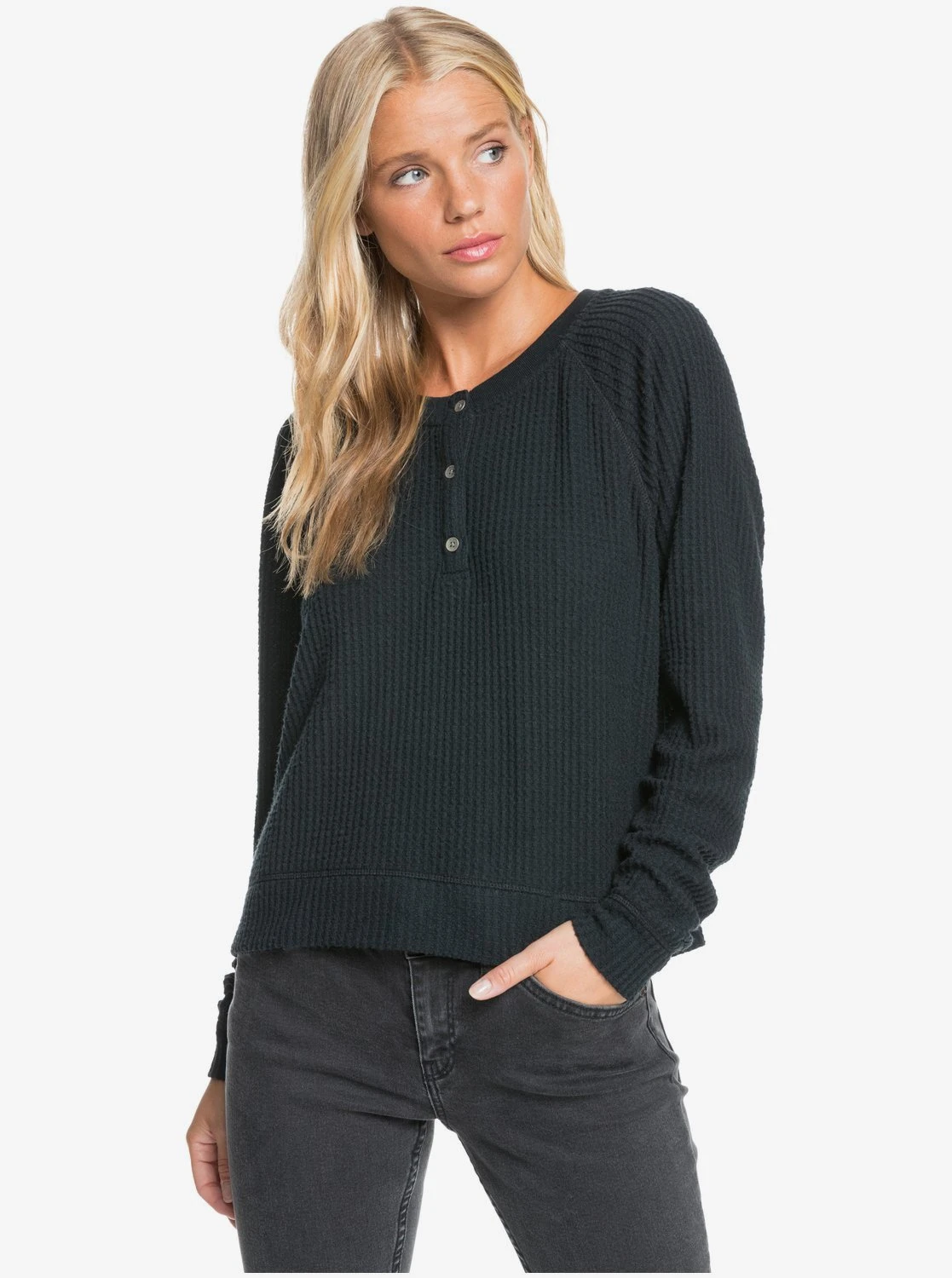 Roxy Take It Home Waffle Knit Half-Button In Anthracite (Kvj0) Sweatshirt 3 Roxy Take It Home Waffle Knit Half-Button In Anthracite (Kvj0) Sweatshirt